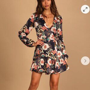 Lulus So Splendid Navy Blue Floral Satin Long Sleeve Wrap Dress - Size L